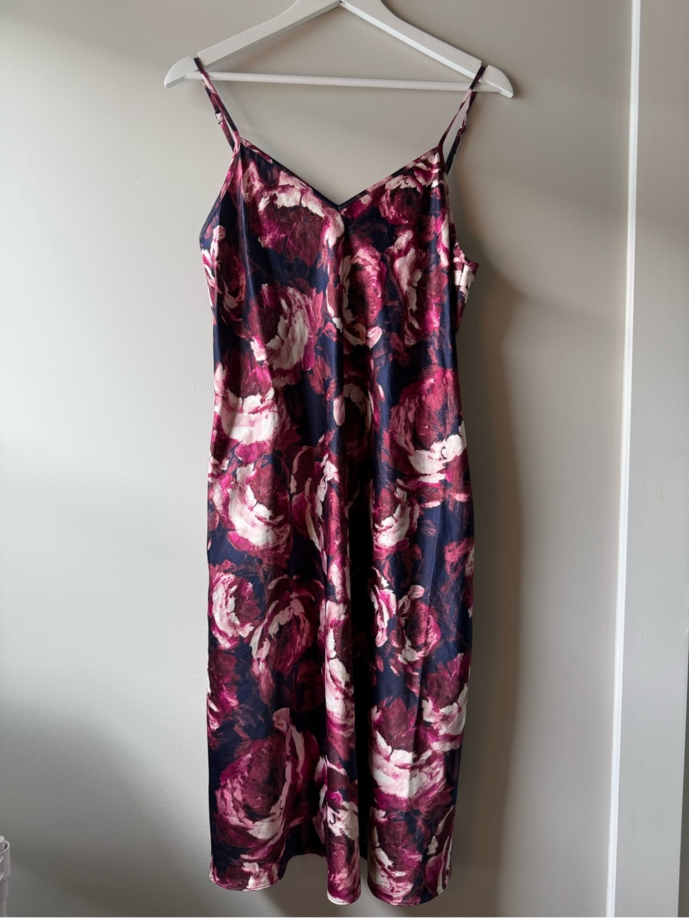 Cabernet Navy and Burgundy Floral Satin Slip Dress Nightgown Medium